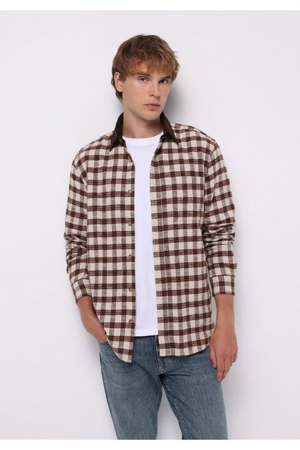 Comfort Fit Shirt Neck Checkered Men's Brown Long Sleeve Shirt