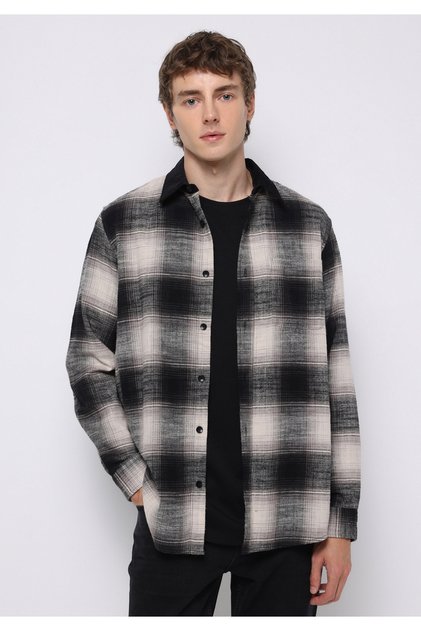 Comfort Fit Shirt Neck Checked Men's Black Long Sleeve Shirt