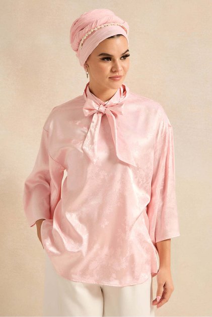 Women Pink Shirt With Front Neck Bow