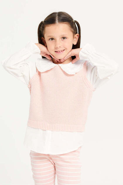 Girls Pink And White Pullover With Shirt