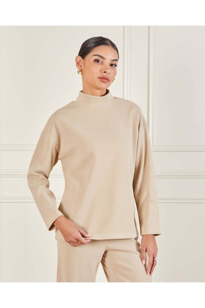 Womne Beige Knitted High Neck Pullover
