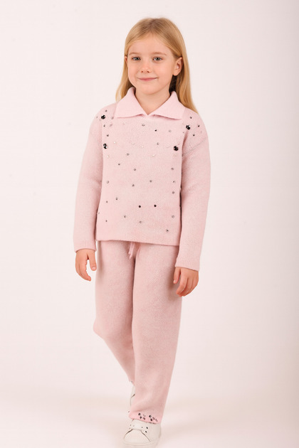 Girl's knit polo neck pearls pants set pudra
