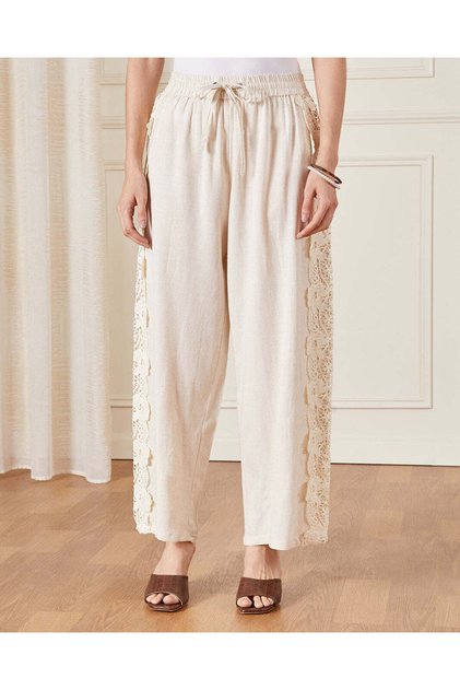 Women Cream Lace Detailed Wide Leg Trousers