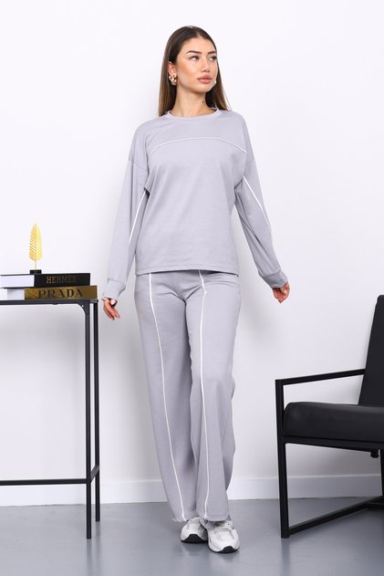 Gray Piped Detail Sweat Pants Set