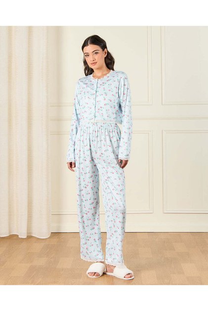 Women Blue Printed Pyjama Set (2 Piece)