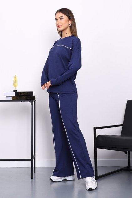 Navy Blue Piped Detail Sweat Pants Set