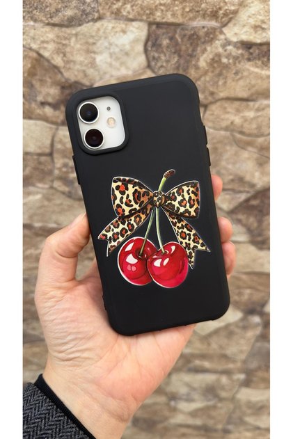 iPhone 11 Compatible Cherry Leopard Bow Patterned Silicone Shock-Absorbing Classic Protective Rubber Case