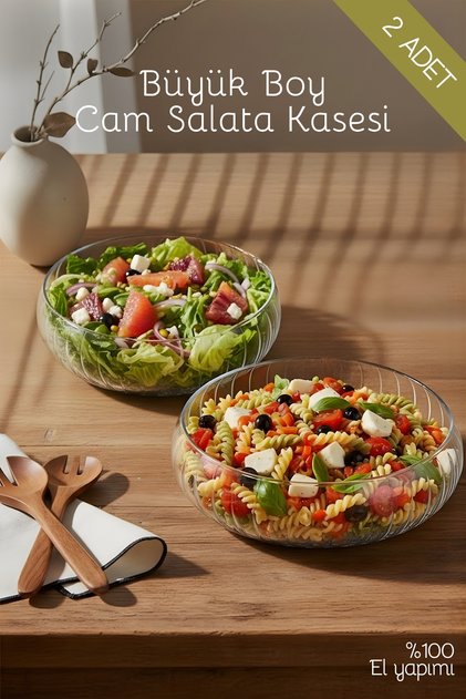2'li Set Büyük Boy Cam Salata Kasesi - İskandinav Tarz Kase - Şeffaf Kase