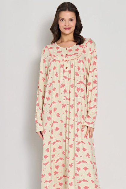 Women's Long Sleeve Button-Down Collar Floral Print Long Salmon Nightgown C9T0N91