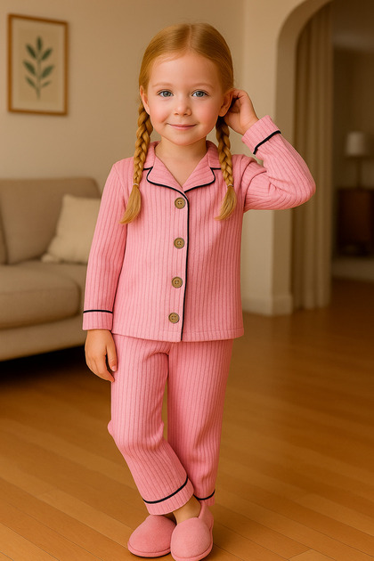 Interlock Fabric Hair Piped Detail Girls' Nightgown, Pajama Set