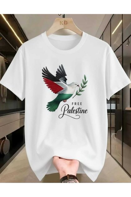 Unisex Oversize Baskılı Pamuklu Bisiklet Yaka Kısa Kollu BEYAZ T-shirt FİLİSTİN KUŞ