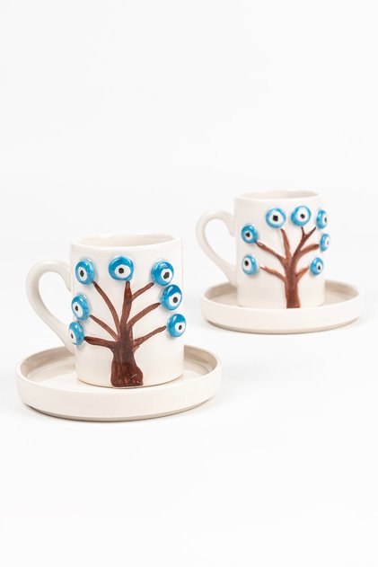 2-Person 4-Piece Handmade Coffee Cup Set with Evil Eye Tree Figure