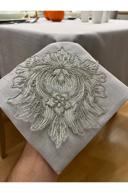 Lotus Lace Detailed Carefree Tablecloth, Handcrafted French Lace, Silvery Gray