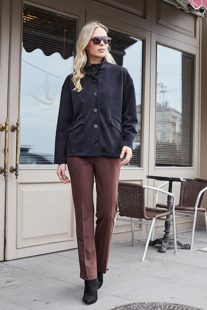 Women's Diagonal High Waist German Pocketed Pipe Leg Trousers-Brown