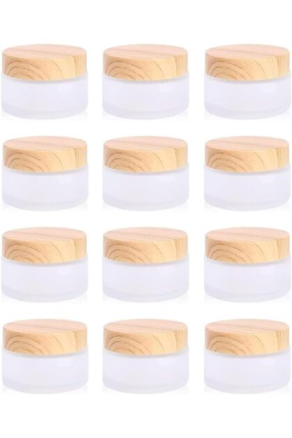 12 Pieces Glass Cosmetic Containers Empty Sample Jars with Bamboo Wood Leakproof Lids gram Capacity Makeup Sample Containers for Lotion Cream Cosmetic (30g)