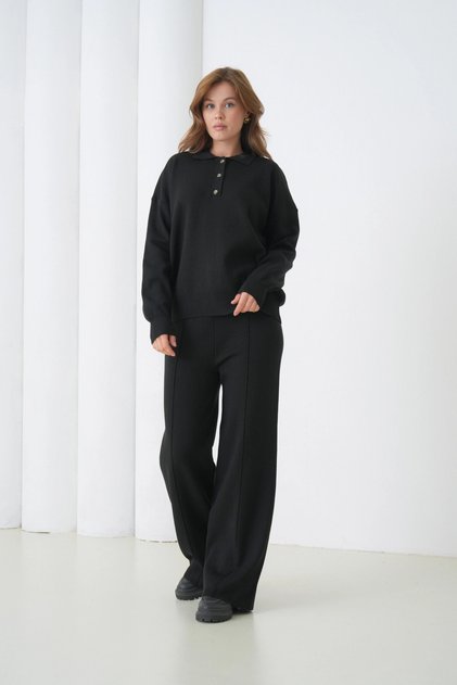 Women's Black Polo Neck Sweater Pants Knitwear Top and Bottom Set