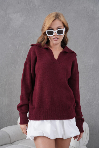 Women's Burgundy Polo Neck Oversized Half Placket Soft Textured Knitwear Sweater