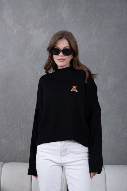 Women's Black Mock Neck Oversized Embroidered Knitwear Sweater