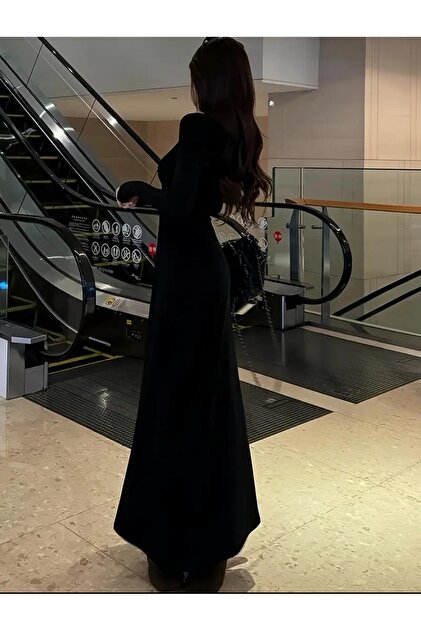 chinese dress ladies GK Women Ruched Maxi Dress Casual Long Sleeve Square V-Neck Flared A-Line  Dress main image 1