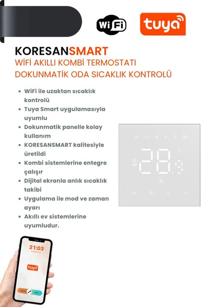 Tuya Termostat Kablolu(kablo çekilmeli) Beyaz Kombi için – WİFİ