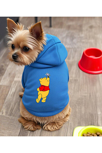 Blue Pooh Printed Dog Sweatshirt | Hooded, Fleece Fabric, Winter Dog Clothing