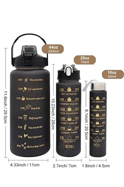 3'Lü Motivasyon Su Matarası Şisesi 2 LT + 750ML+280ML Sticker Hediyeli