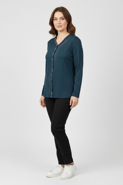 Women's Front Closed Button Detail Stone-Embellished Narcissus Seasonal Bluse