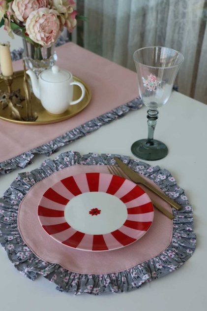 Supla Round American Placemat Pink Grey Ruffled Vintage Floral 35X35Cm 2Pcs