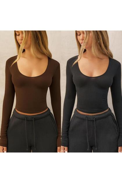 Square Neck 2-Pack Basic Plain Fabric Long Sleeve Lycra Blouse