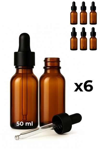 6-Pack of 50 ml Amber Glass Serum Bottles + Black Metal Cap with Black Tip Dropper