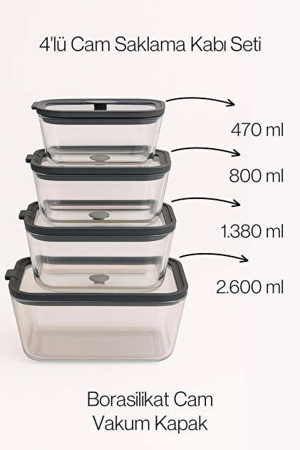 4-Piece Borosilicate Glass Vacuum Lid Food Glass Storage Container Set with Lock | 470-800-1380-2600 ml