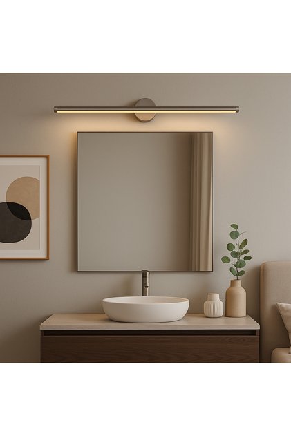Platinium Veil™ Metalik Gümüş 70 cm Modern Kablosuz Tablo Ayna Pilli Aplik Montajsız Duvar Lambası A