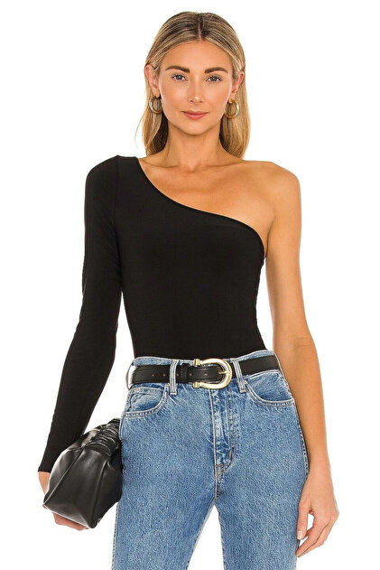Kadın Siyah Uzun Kollu Tek Omuz Asimetrik Kesim Sandy Kumaş Tanga Çıtçıtlı Toparlayıcı Bodysuit