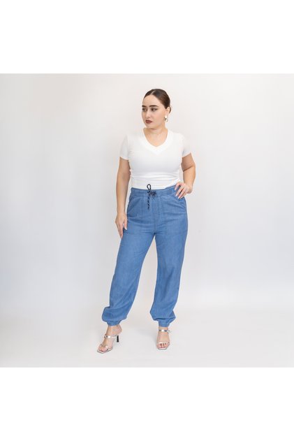 Ladies Casual Wear – Mid Blue Cotton Denim Lightweight Joggers, LLJ33221-MID