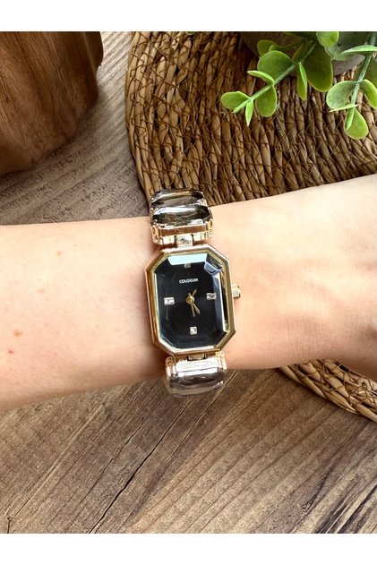 Black Gold Color Design Women's Wristwatch with Crystal Cut Stone