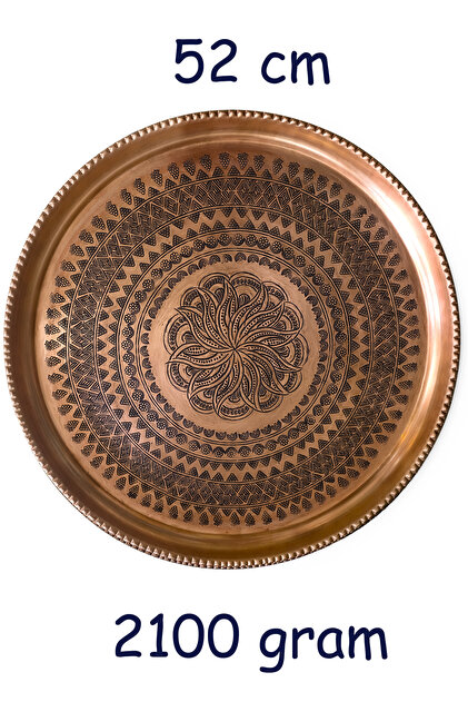 52 cm Hand Embroidered Authentic Patterned Thick Urfa Copper Tray - Bakir-Tps451