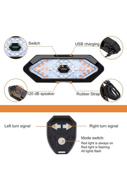 Semnalizator pentru bicicleta cu telecomanda eBA®, potrivit pentru viraje, LED, incarcare Micro-USB
