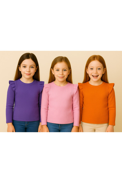 Girl's 3-Piece Long Sleeve Ribbed Bodysuit Set - Orange, Purple, Pink - Ruffle Detailed Soft