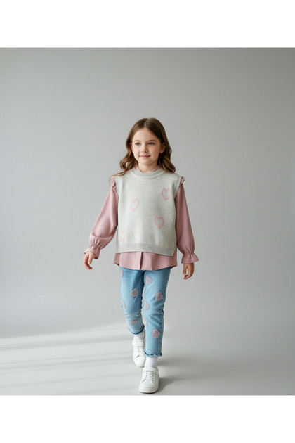 Heart Patterned Vest Set Three-Piece Set for Girls