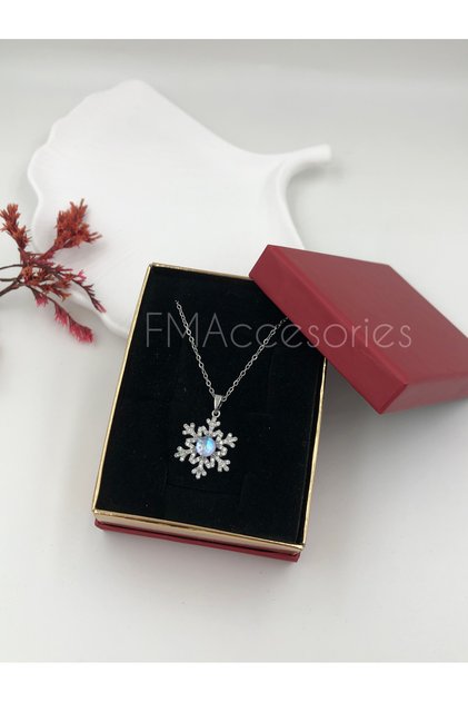 Steel Women's Necklace Stainless Silver Color Snowflake Stone 45 cm Antiallergic with Gift Box