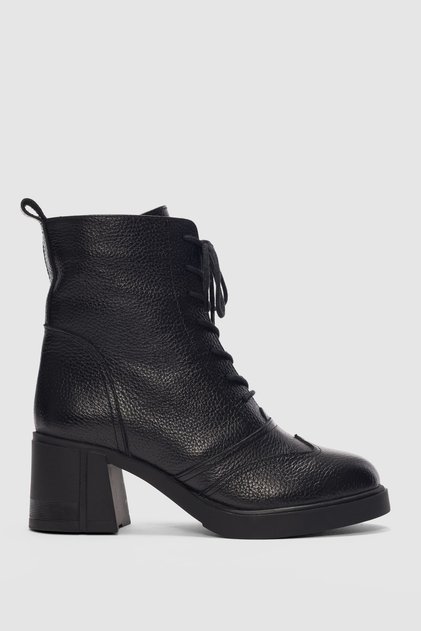 Solenne Genuine Leather Women's Boots with Laces and Side Zipper - Black
