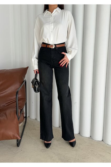 D98 Women's High Waist Black Raw Hem Straight Belted Jeans