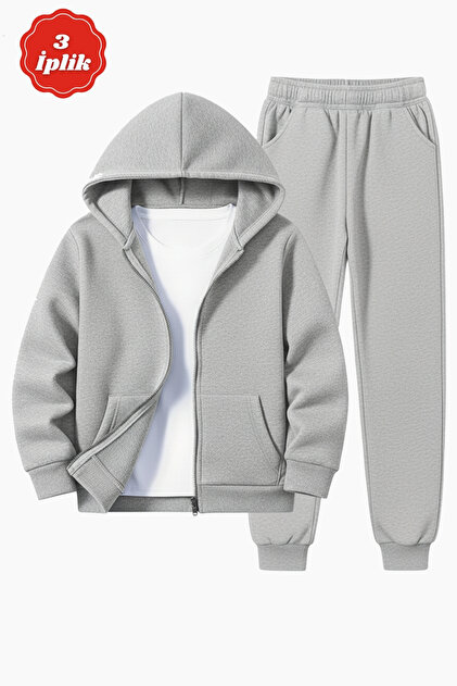 3 İplik Winter Ş Fleece-Lined Plain Unprinted Zippered K Hooded Boys' Tracksuit Set