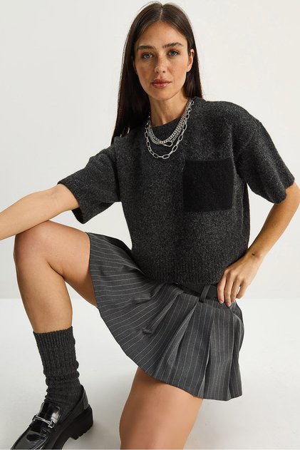 Women's Anthracite Color Block Pocket Short Sleeve Knitwear Sweater 2551 60283758
