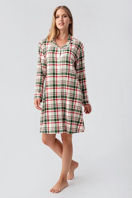 Thermal Long Sleeve Button down Plaid Print Stretchy Soft Textured Nightgown