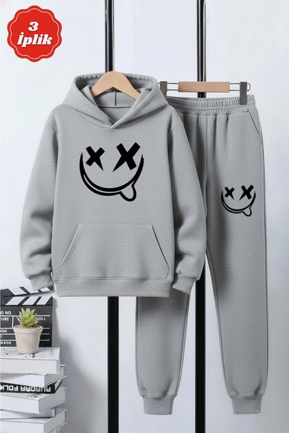3 İplik Winter Ş Fleece-Lined Smiling Face Emoji Print Detailed Boys' Tracksuit Set