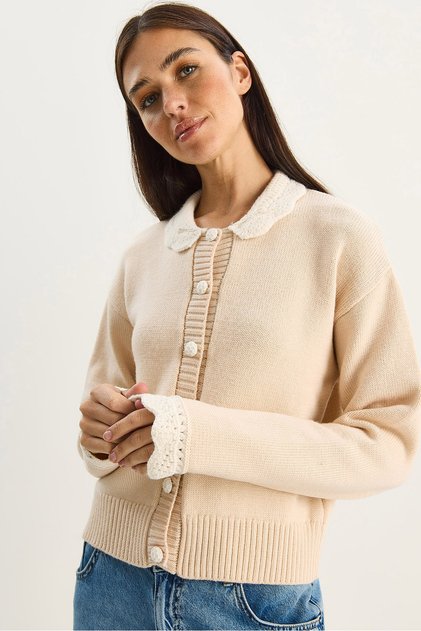 Women's Beige Knitted Baby Collar Sleeve Detailed Knitwear Cardigan Th251054 60283768
