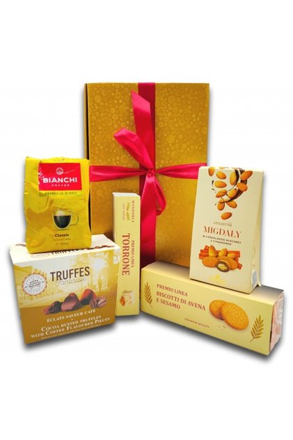 Pachet cadou fara alcool, CADOURI PREMIUM®, model Golden Sweets, cu cafea Bianchi, migdale glazurate, biscuiti cu susan si trufe de ciocolata