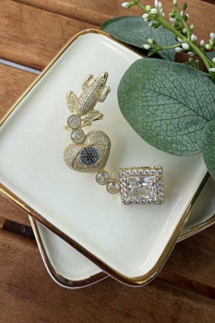 Taşlı Göz & Kurbağa Tasarımlı Küpe (Sağ Kulak İçindir) Gold
