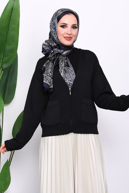 Black Double Pocket Zippered Knitwear Cardigan